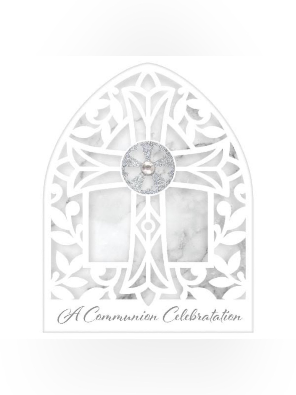 Amscan White Communion Invitations- Marbled Cross with Silver Accent
